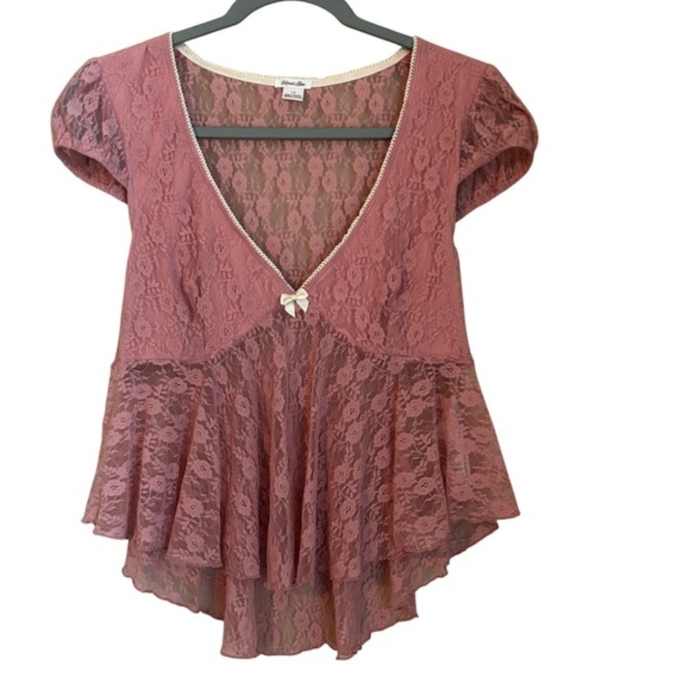 Kimchi Blue Coquette Fairy Romantic Pink Lace‎ Babydoll Top Size L Cap Sleeve